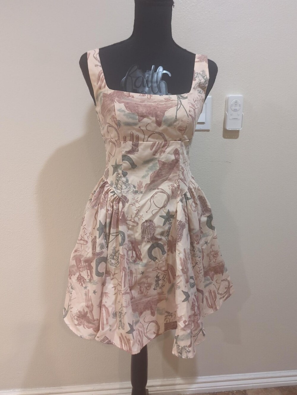 Blu Pepper Western Cowboy Print Sundress Smocked Khaki Multi Size S NWT
